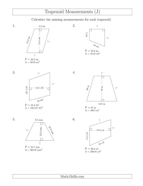 The Calculating Bases and Sides of Trapezoids (J) Math Worksheet