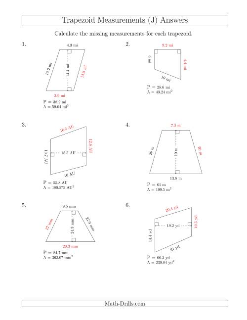 The Calculating Bases and Sides of Trapezoids (J) Math Worksheet Page 2