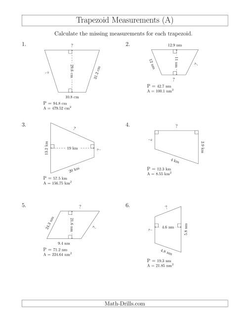 The Calculating Bases and Sides of Trapezoids (All) Math Worksheet