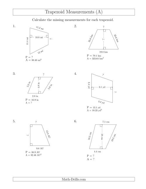 The Calculating Various Measurements of Trapezoids (A) Math Worksheet