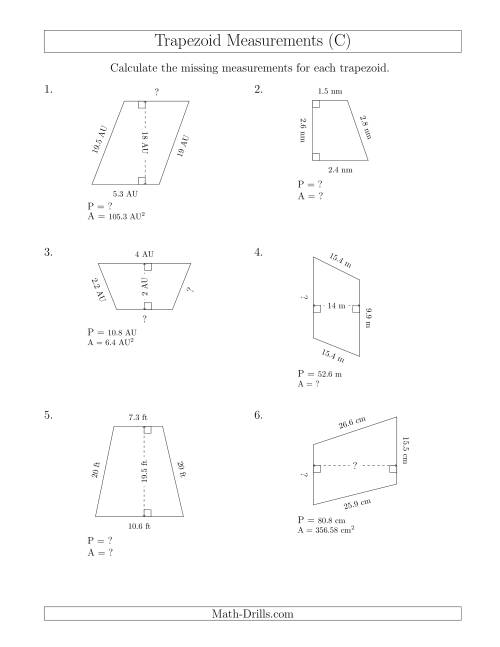 The Calculating Various Measurements of Trapezoids (C) Math Worksheet