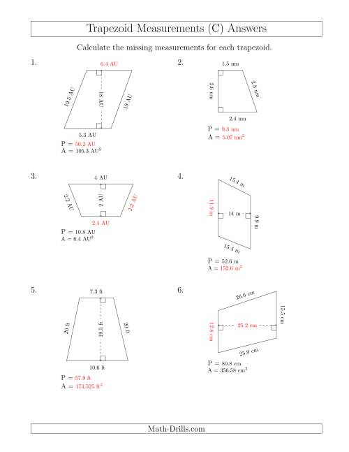 The Calculating Various Measurements of Trapezoids (C) Math Worksheet Page 2