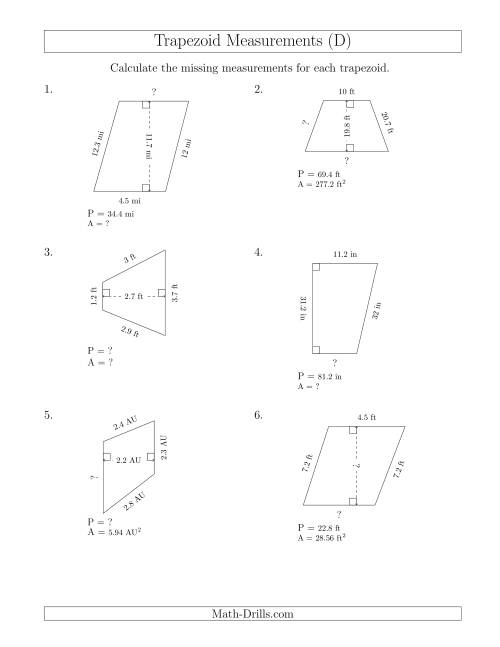 The Calculating Various Measurements of Trapezoids (D) Math Worksheet