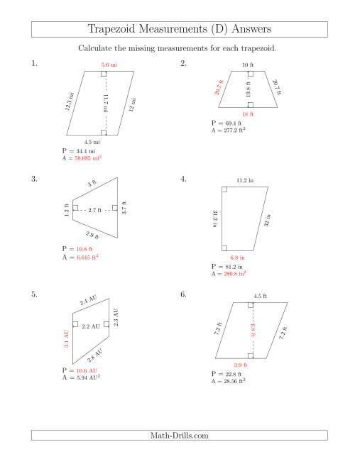 The Calculating Various Measurements of Trapezoids (D) Math Worksheet Page 2