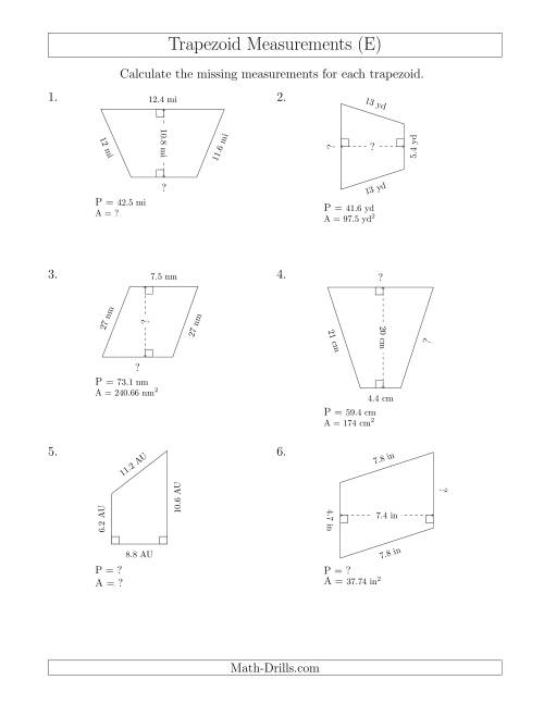 The Calculating Various Measurements of Trapezoids (E) Math Worksheet