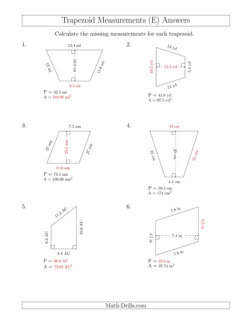 The Calculating Various Measurements of Trapezoids (E) Math Worksheet Page 2