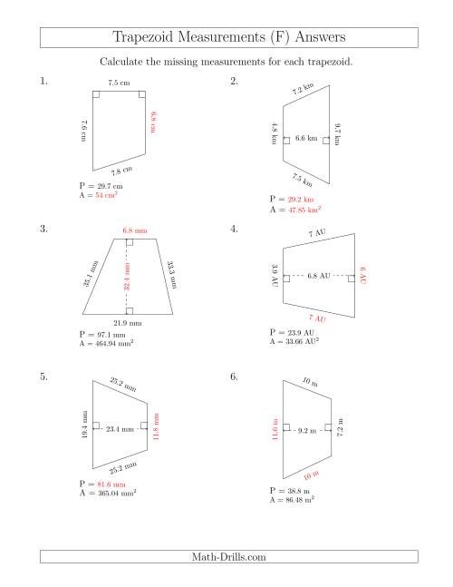 The Calculating Various Measurements of Trapezoids (F) Math Worksheet Page 2