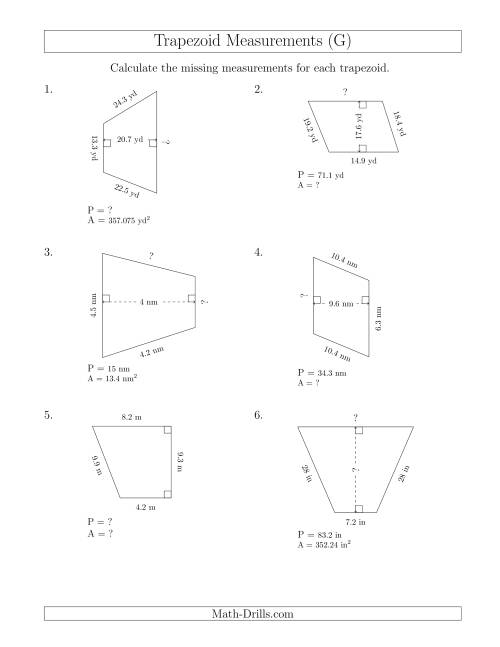 The Calculating Various Measurements of Trapezoids (G) Math Worksheet
