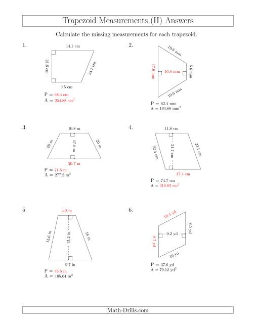 The Calculating Various Measurements of Trapezoids (H) Math Worksheet Page 2