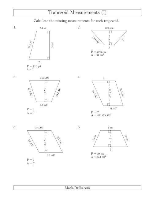 The Calculating Various Measurements of Trapezoids (I) Math Worksheet