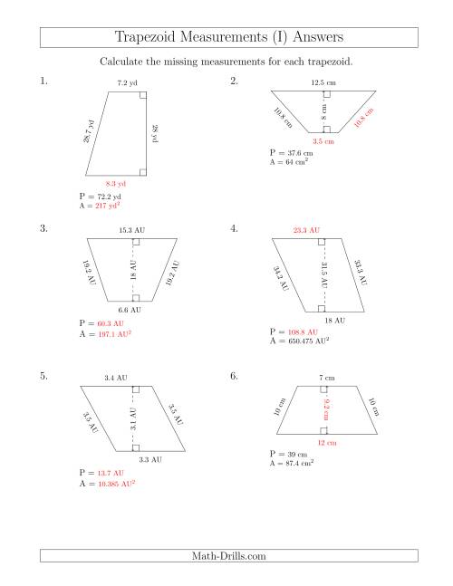 The Calculating Various Measurements of Trapezoids (I) Math Worksheet Page 2