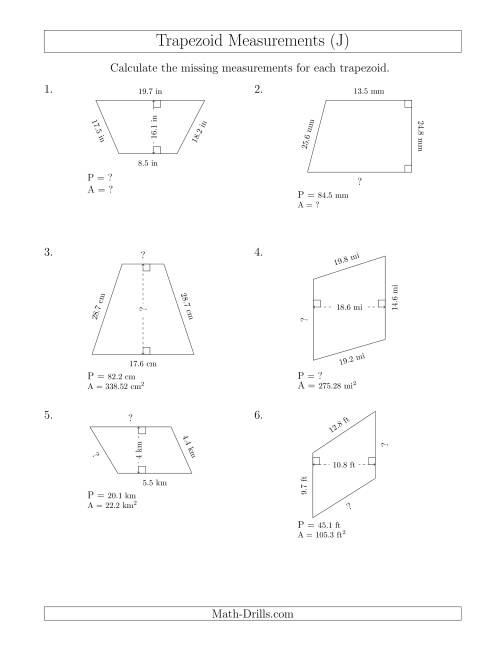 The Calculating Various Measurements of Trapezoids (J) Math Worksheet