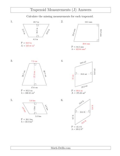 The Calculating Various Measurements of Trapezoids (J) Math Worksheet Page 2