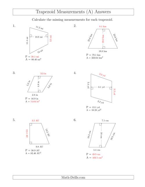 The Calculating Various Measurements of Trapezoids (All) Math Worksheet Page 2