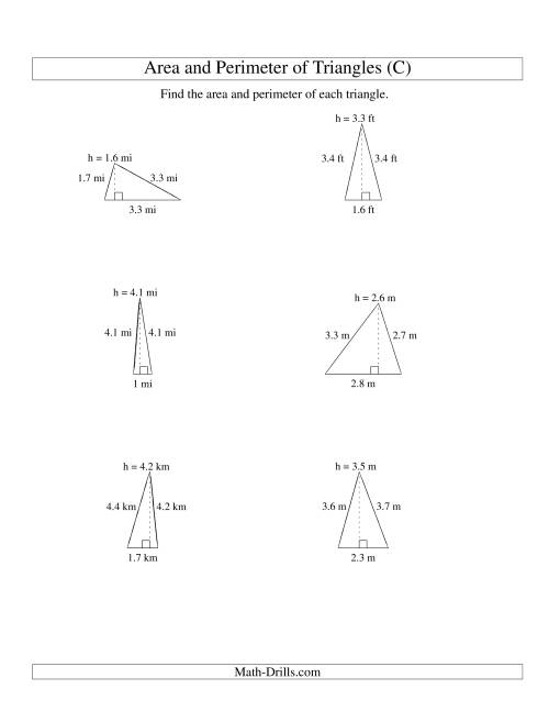 The Area and Perimeter of Triangles (up to 1 decimal place; range 1-5) (C) Math Worksheet