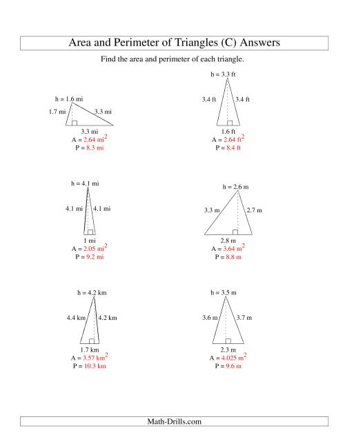 The Area and Perimeter of Triangles (up to 1 decimal place; range 1-5) (C) Math Worksheet Page 2