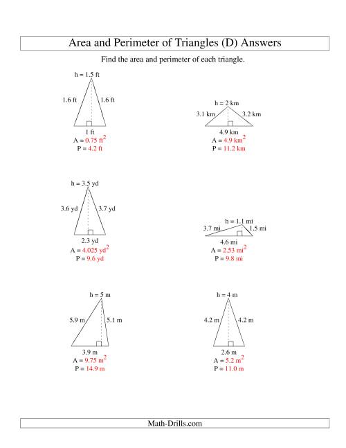 The Area and Perimeter of Triangles (up to 1 decimal place; range 1-5) (D) Math Worksheet Page 2