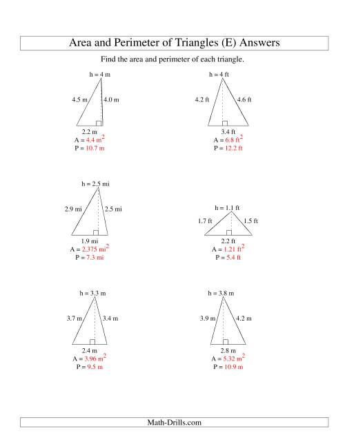 The Area and Perimeter of Triangles (up to 1 decimal place; range 1-5) (E) Math Worksheet Page 2