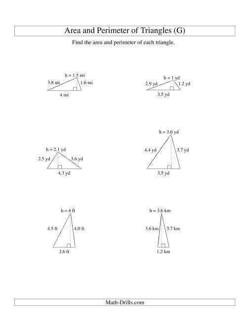 The Area and Perimeter of Triangles (up to 1 decimal place; range 1-5) (G) Math Worksheet