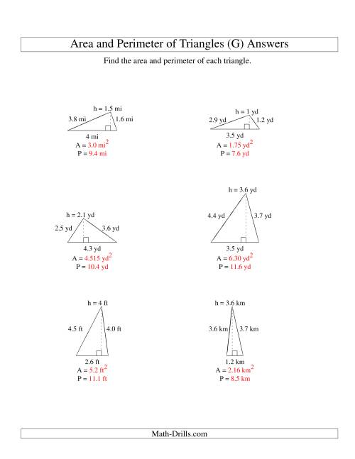 The Area and Perimeter of Triangles (up to 1 decimal place; range 1-5) (G) Math Worksheet Page 2