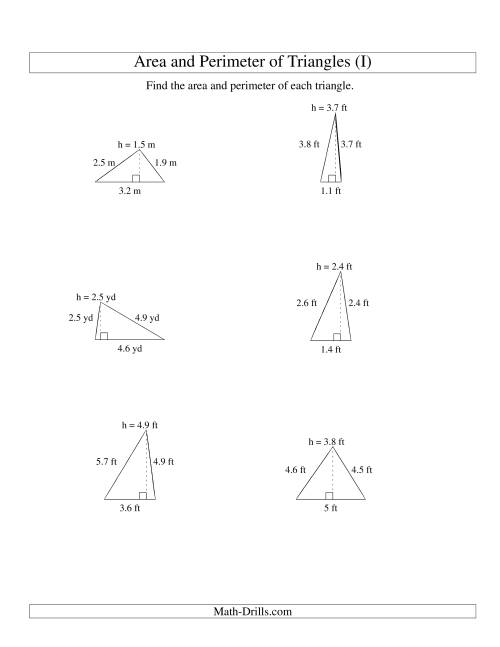 The Area and Perimeter of Triangles (up to 1 decimal place; range 1-5) (I) Math Worksheet