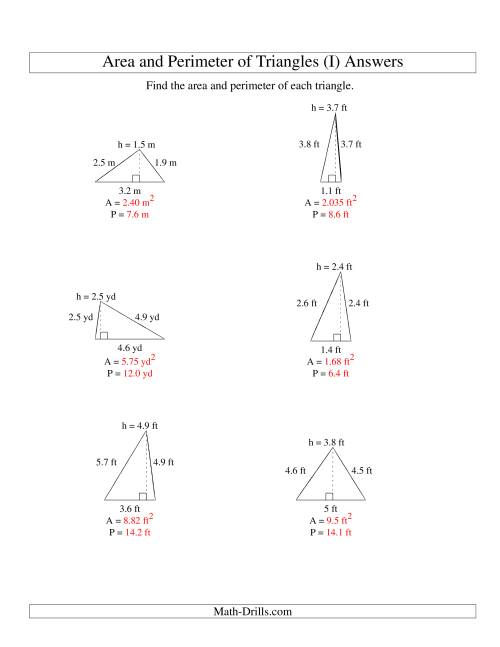 The Area and Perimeter of Triangles (up to 1 decimal place; range 1-5) (I) Math Worksheet Page 2