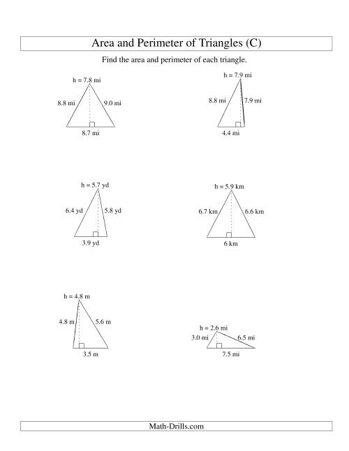 The Area and Perimeter of Triangles (up to 1 decimal place; range 1-9) (C) Math Worksheet