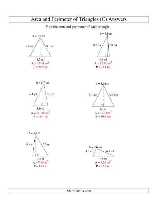 The Area and Perimeter of Triangles (up to 1 decimal place; range 1-9) (C) Math Worksheet Page 2