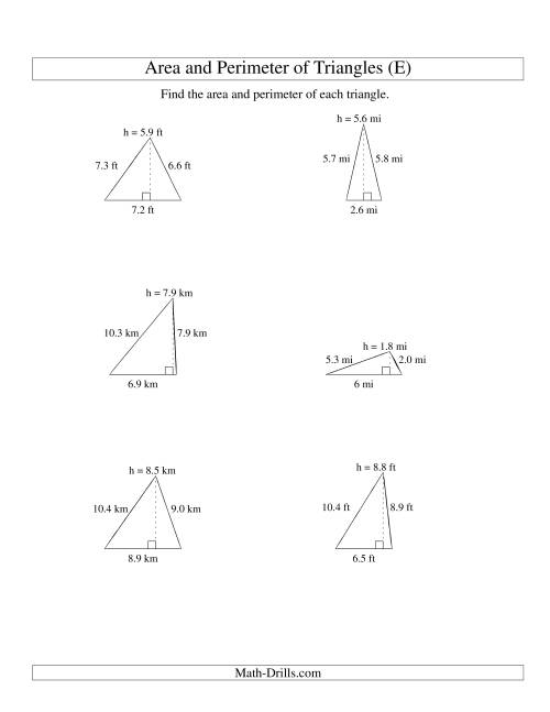 The Area and Perimeter of Triangles (up to 1 decimal place; range 1-9) (E) Math Worksheet