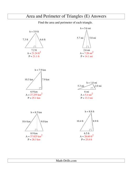 The Area and Perimeter of Triangles (up to 1 decimal place; range 1-9) (E) Math Worksheet Page 2