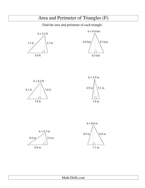 The Area and Perimeter of Triangles (up to 1 decimal place; range 1-9) (F) Math Worksheet