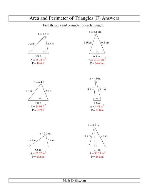 The Area and Perimeter of Triangles (up to 1 decimal place; range 1-9) (F) Math Worksheet Page 2