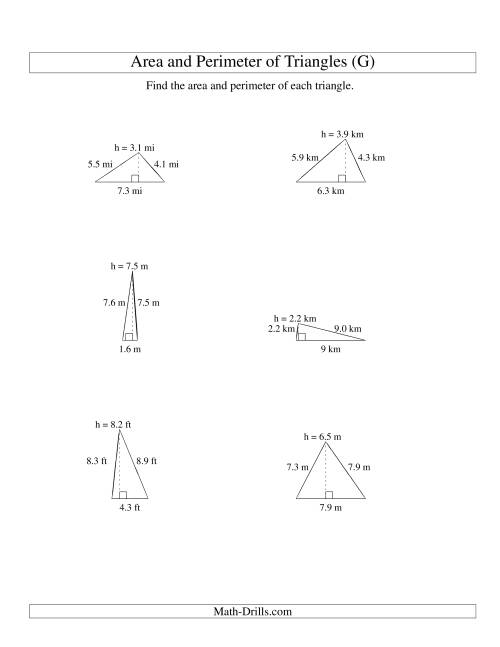 The Area and Perimeter of Triangles (up to 1 decimal place; range 1-9) (G) Math Worksheet
