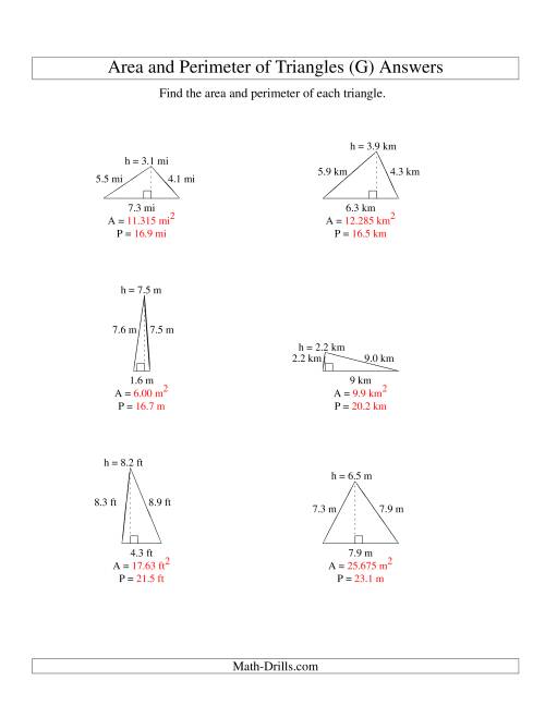 The Area and Perimeter of Triangles (up to 1 decimal place; range 1-9) (G) Math Worksheet Page 2
