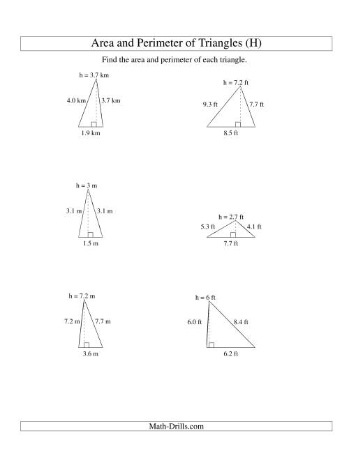 The Area and Perimeter of Triangles (up to 1 decimal place; range 1-9) (H) Math Worksheet