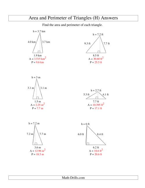 The Area and Perimeter of Triangles (up to 1 decimal place; range 1-9) (H) Math Worksheet Page 2