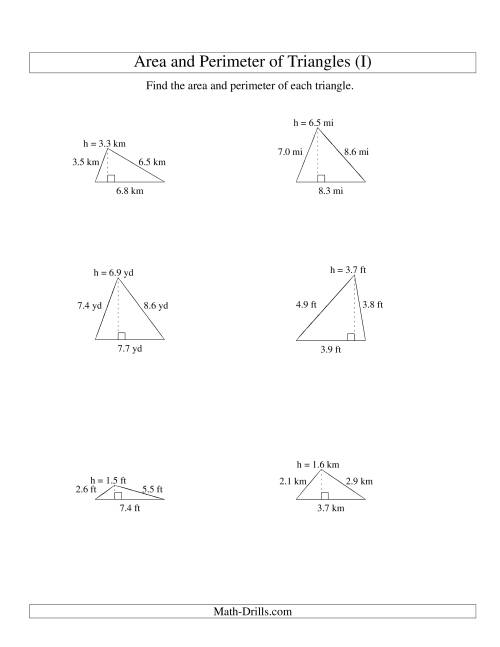 The Area and Perimeter of Triangles (up to 1 decimal place; range 1-9) (I) Math Worksheet