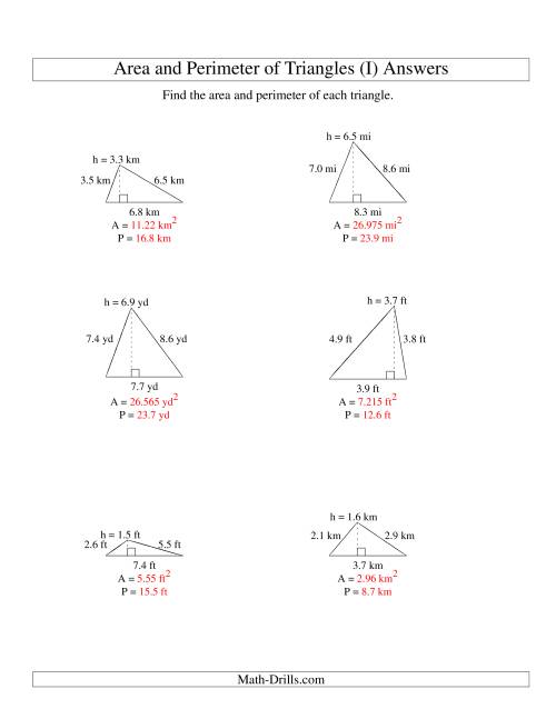 The Area and Perimeter of Triangles (up to 1 decimal place; range 1-9) (I) Math Worksheet Page 2