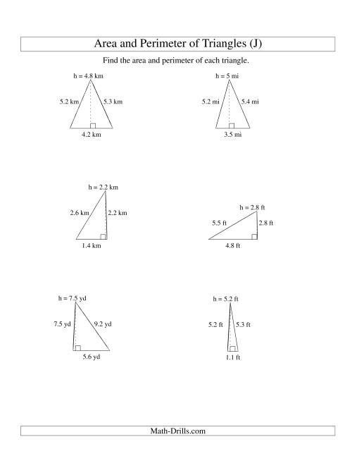 The Area and Perimeter of Triangles (up to 1 decimal place; range 1-9) (J) Math Worksheet