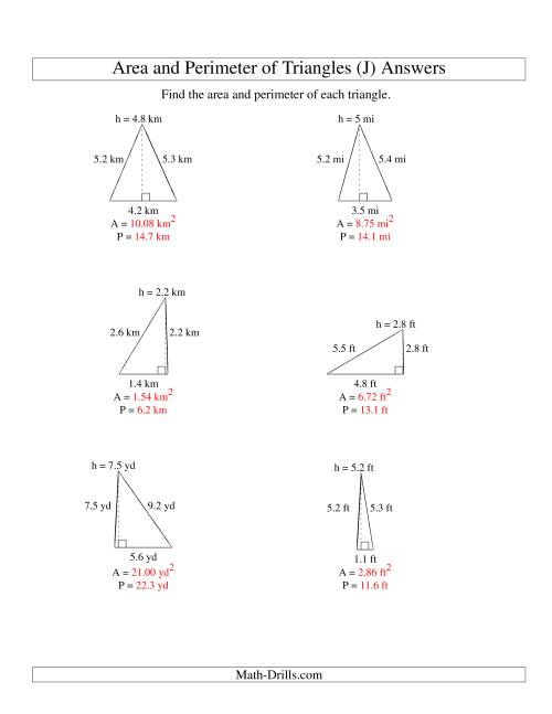 The Area and Perimeter of Triangles (up to 1 decimal place; range 1-9) (J) Math Worksheet Page 2