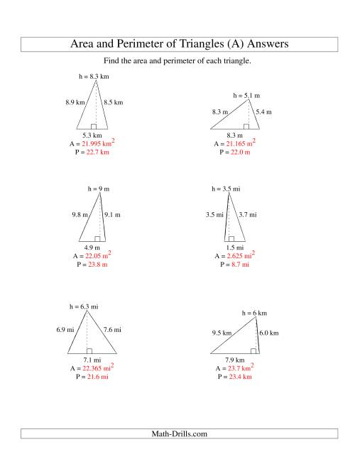 The Area and Perimeter of Triangles (up to 1 decimal place; range 1-9) (All) Math Worksheet Page 2