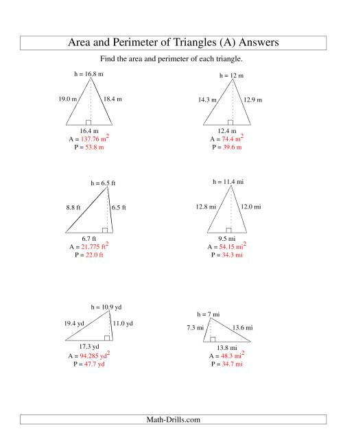 The Area and Perimeter of Triangles (up to 1 decimal place; range 5-20) (A) Math Worksheet Page 2