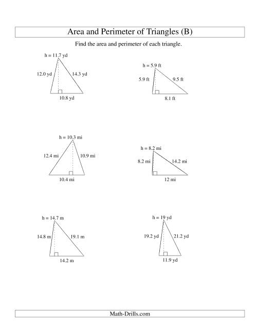 The Area and Perimeter of Triangles (up to 1 decimal place; range 5-20) (B) Math Worksheet