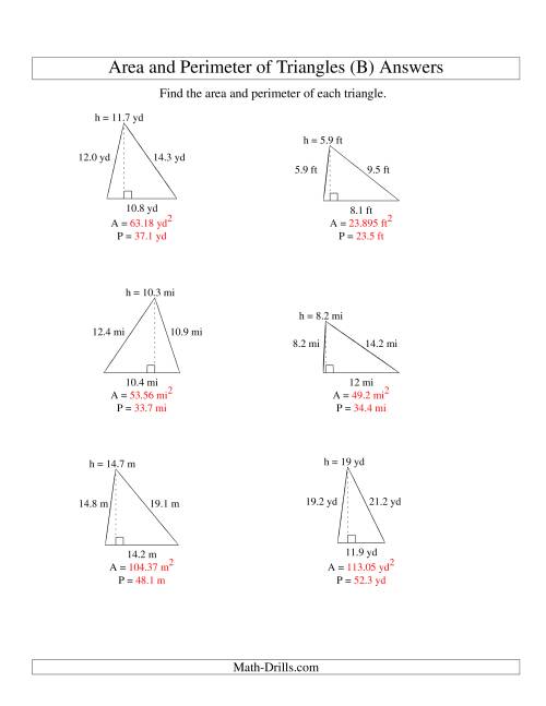 The Area and Perimeter of Triangles (up to 1 decimal place; range 5-20) (B) Math Worksheet Page 2