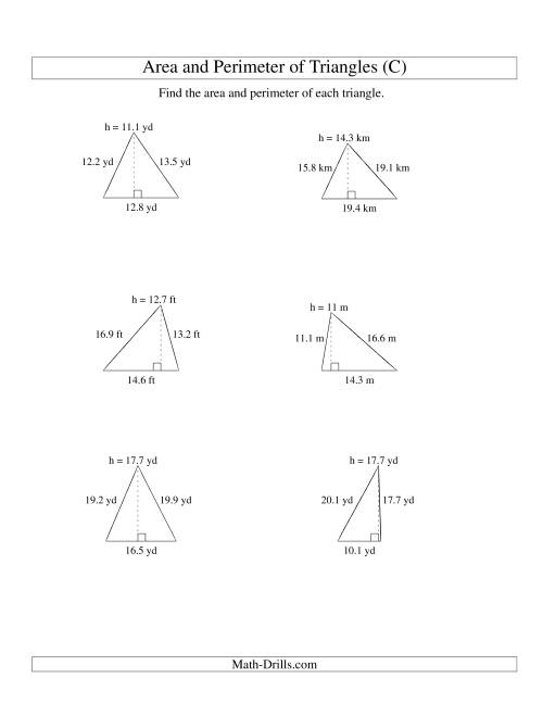 The Area and Perimeter of Triangles (up to 1 decimal place; range 5-20) (C) Math Worksheet