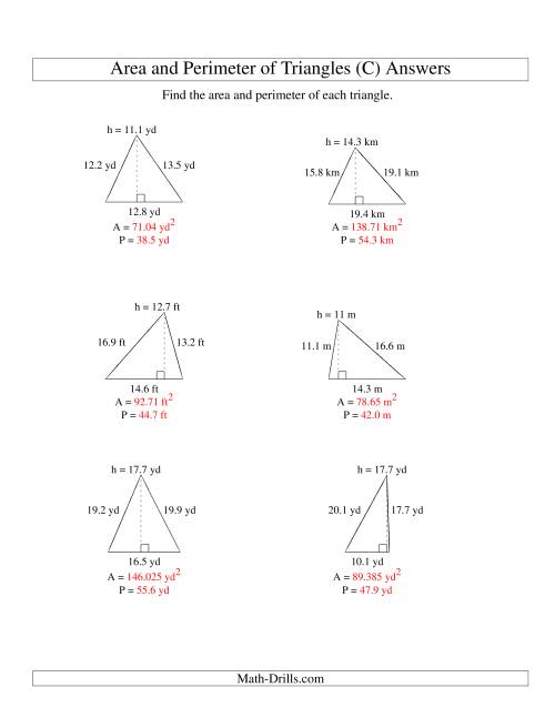 The Area and Perimeter of Triangles (up to 1 decimal place; range 5-20) (C) Math Worksheet Page 2