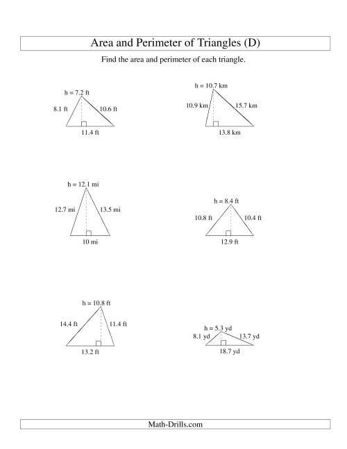 The Area and Perimeter of Triangles (up to 1 decimal place; range 5-20) (D) Math Worksheet