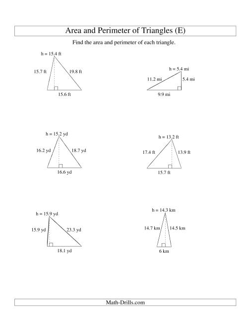 The Area and Perimeter of Triangles (up to 1 decimal place; range 5-20) (E) Math Worksheet
