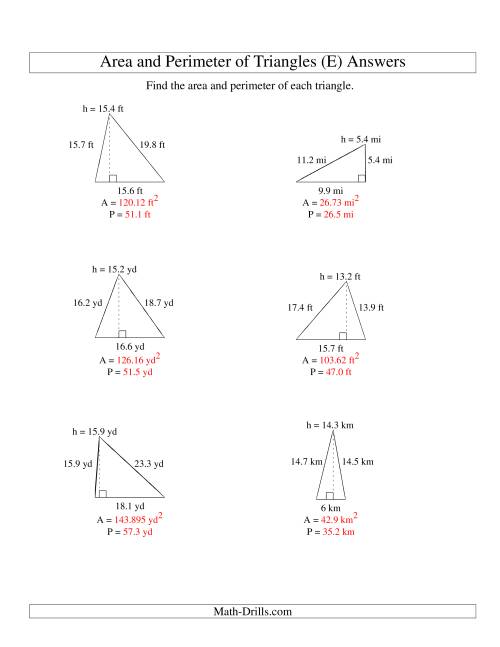 The Area and Perimeter of Triangles (up to 1 decimal place; range 5-20) (E) Math Worksheet Page 2