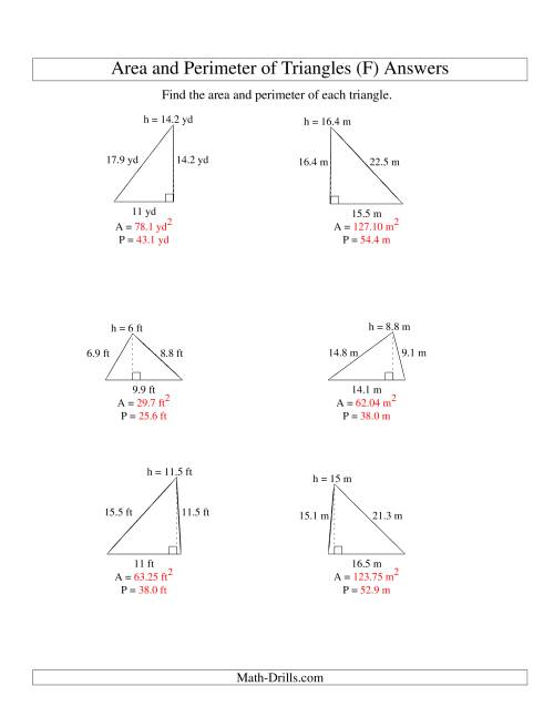 The Area and Perimeter of Triangles (up to 1 decimal place; range 5-20) (F) Math Worksheet Page 2